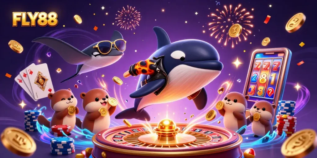 FLY88 celebrates casino excitement with orca, stingray, and otters in an enchanting scene.