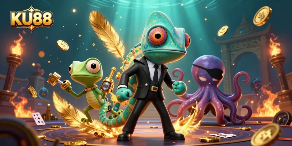 Experience thrilling excitement with KU88's vibrant casino adventure featuring unique characters and game elements.