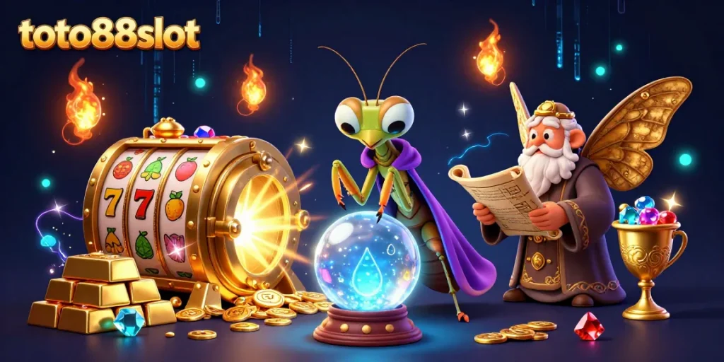 Experience thrilling gameplay with toto88slot at a vibrant online casino, featuring dynamic slot elements and mystical characters.