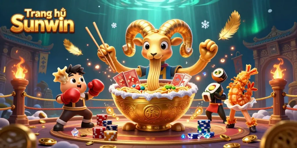 Engage with Trang chủ Sunwin's unique cartoon scene featuring a golden ramen bowl dealing cards.