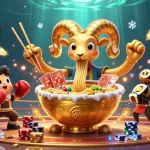Engage with Trang chủ Sunwin's unique cartoon scene featuring a golden ramen bowl dealing cards.