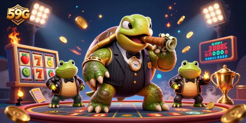 Experience the thrill of 59G in an exciting casino scene with a stylish snapping turtle and bullfrog enforcers.