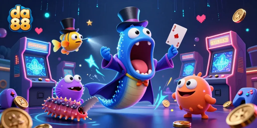 Experience da 88 with animated casino-themed characters performing magic tricks for fun.