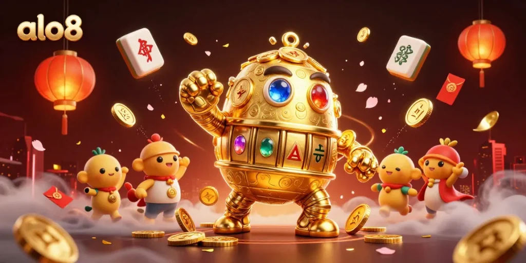 Experience thrilling wins at alo8 with a golden golem amidst vibrant casino elements.