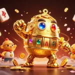 Experience thrilling wins at alo8 with a golden golem amidst vibrant casino elements.