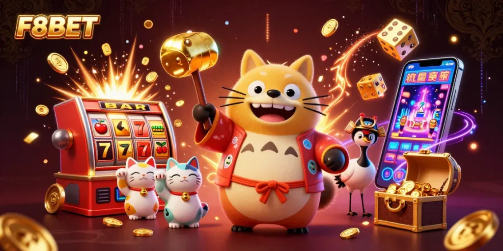 Experience thrilling gameplay with F8BET in a colorful casino scene.
