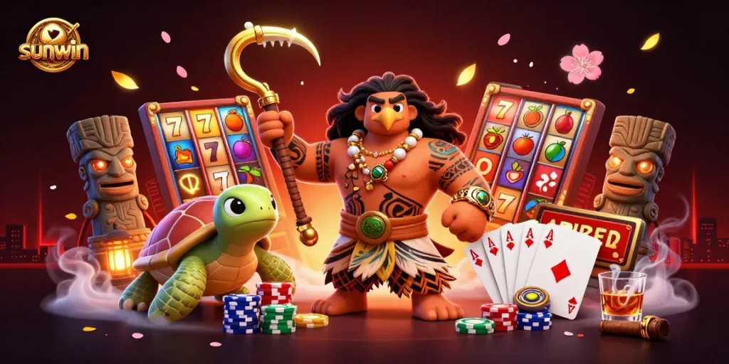 Win big with sunwin's thrilling slots featuring a demigod, turtle, and vibrant symbols!