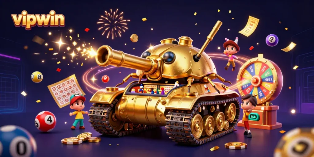 Experience the thrill of vipwin with a dynamic 3D casino scene filled with colorful elements and excitement.