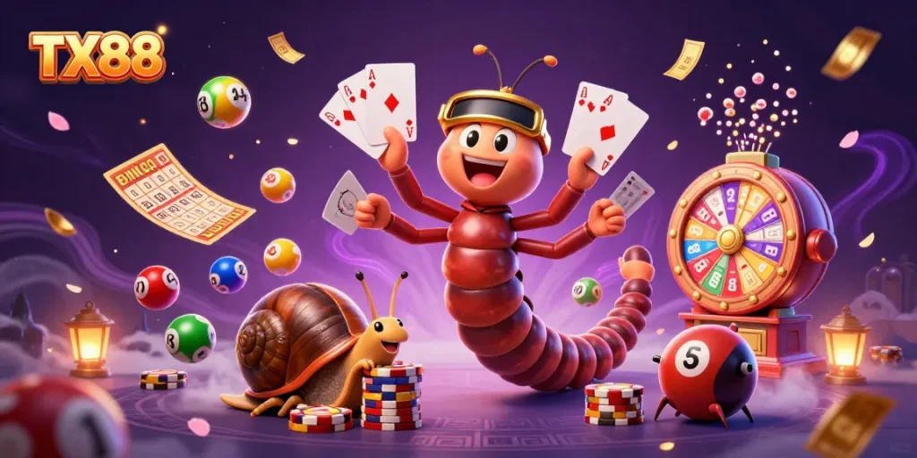 Engage with TX88's exhilarating scene featuring a millipede dealer, vibrant gaming elements, and animated excitement.