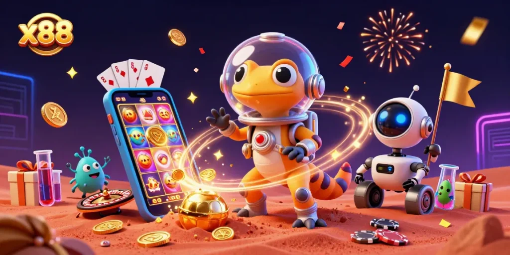 x88 players spin their luck in a vibrant alien-themed casino scene filled with slot games and confetti.