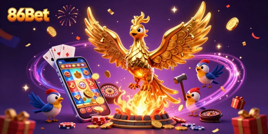 Experience the excitement of 86Bet with a molten golden phoenix and dynamic casino elements.