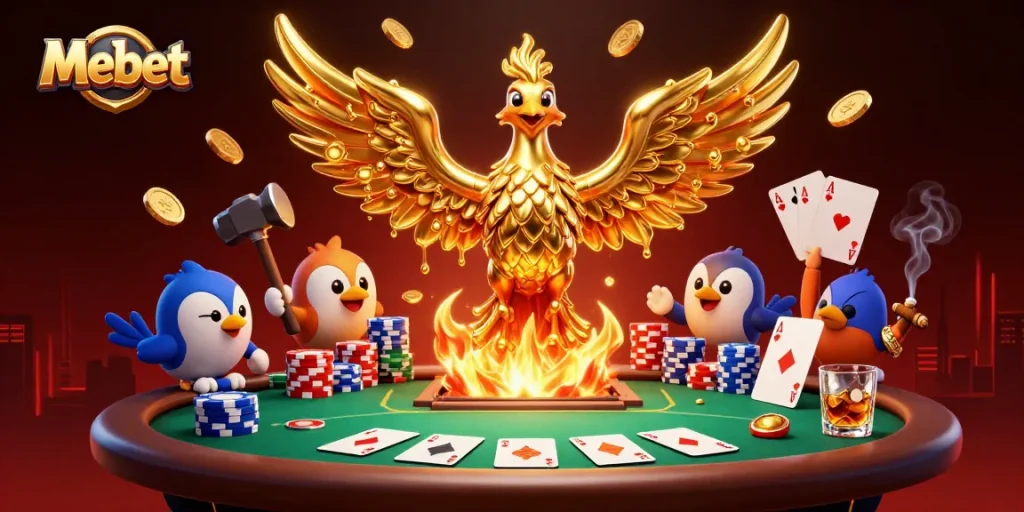 Mebet showcases a colorful poker scene with a molten phoenix and vibrant chips.