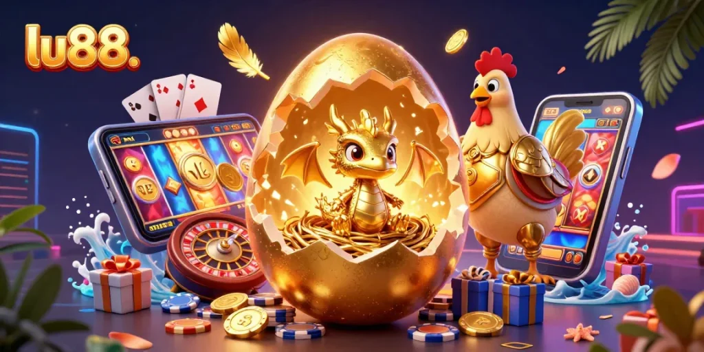 Engage with the thrilling world of lu88. featuring a golden dragon and casino elements.