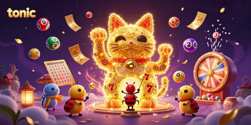 Experience the excitement at tonic with a vibrant casino scene featuring a lucky cat, dynamic prizes, and magical effects.