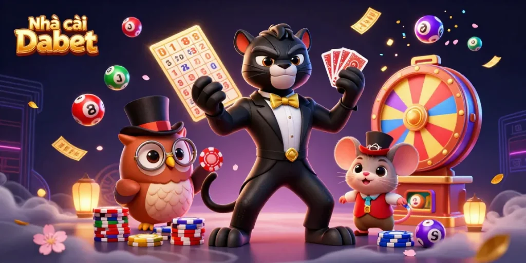 Engage with Nhà cái Dabet's colorful lottery scene featuring animated characters and dynamic game elements.