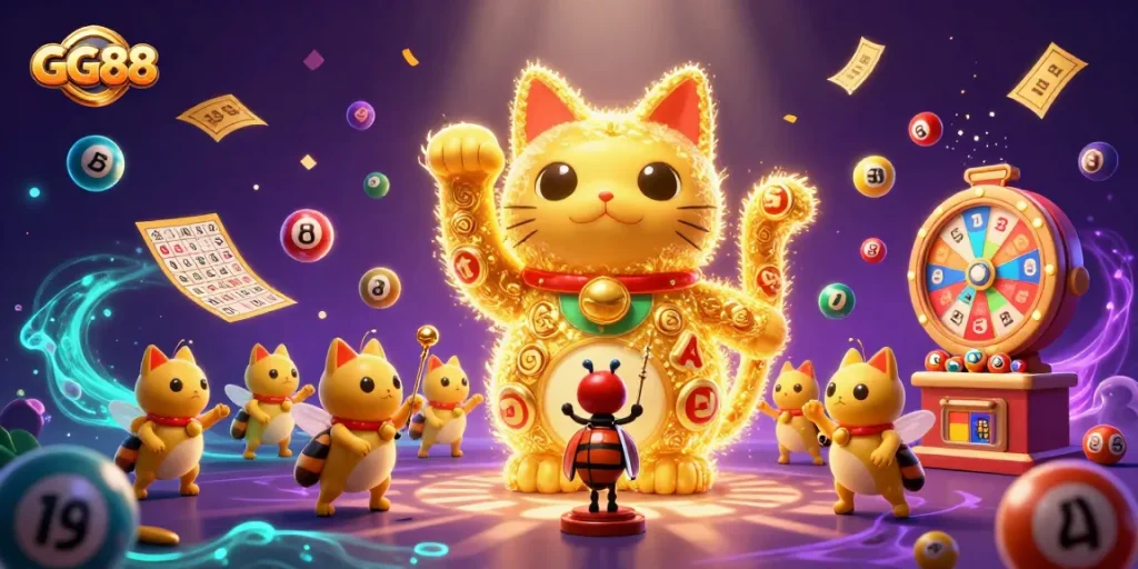 Experience the thrill of GG88 with a golden lucky cat surrounded by vibrant casino symbols and lottery elements.
