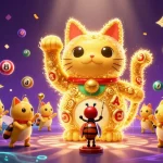 Experience the thrill of GG88 with a golden lucky cat surrounded by vibrant casino symbols and lottery elements.