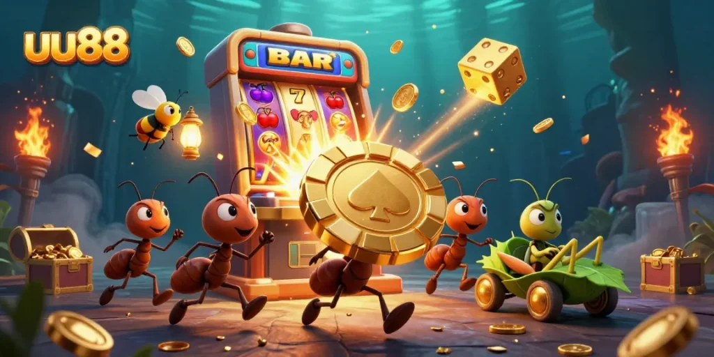 Experience exhilarating gameplay at uu88 with golden poker chips and jackpot action in this vibrant casino scene.