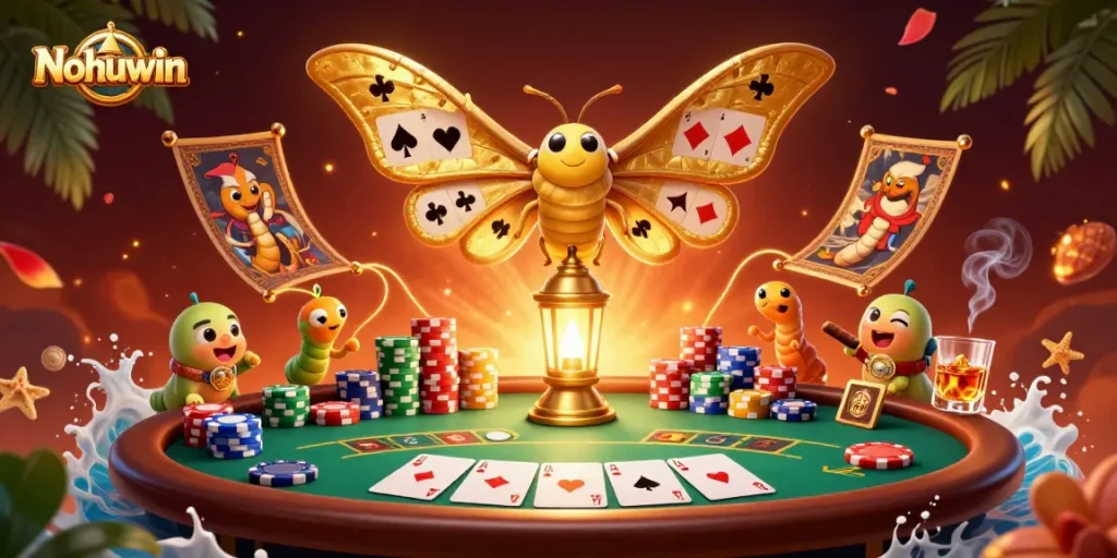 Nohuwin players engage with vibrant poker-themed 3D art depicting an extravagant gambling scene.