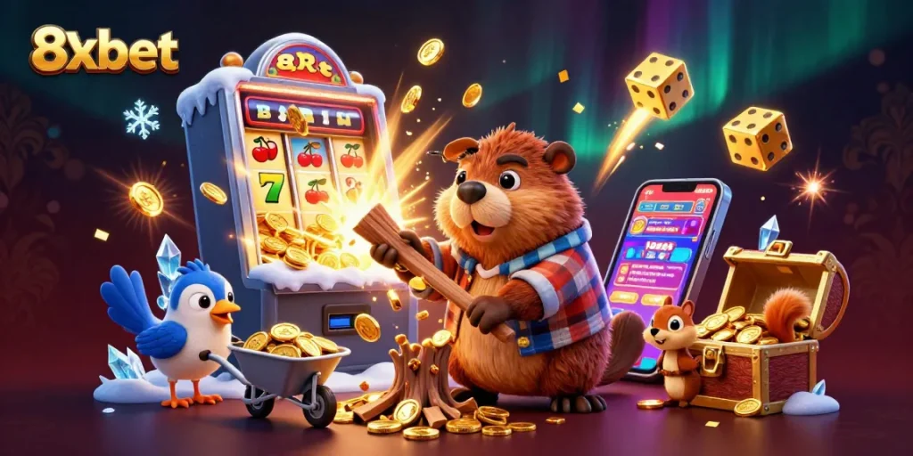 Spin jackpots with 8xbet's vibrant casino scene featuring a beaver, bird, and squirrel amidst gold treasures.