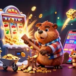 Spin jackpots with 8xbet's vibrant casino scene featuring a beaver, bird, and squirrel amidst gold treasures.
