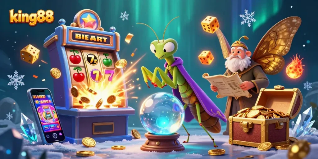 Experience thrilling jackpot wins with king88's vibrant 3D casino illustration featuring animated fortune tellers and slot machine action.