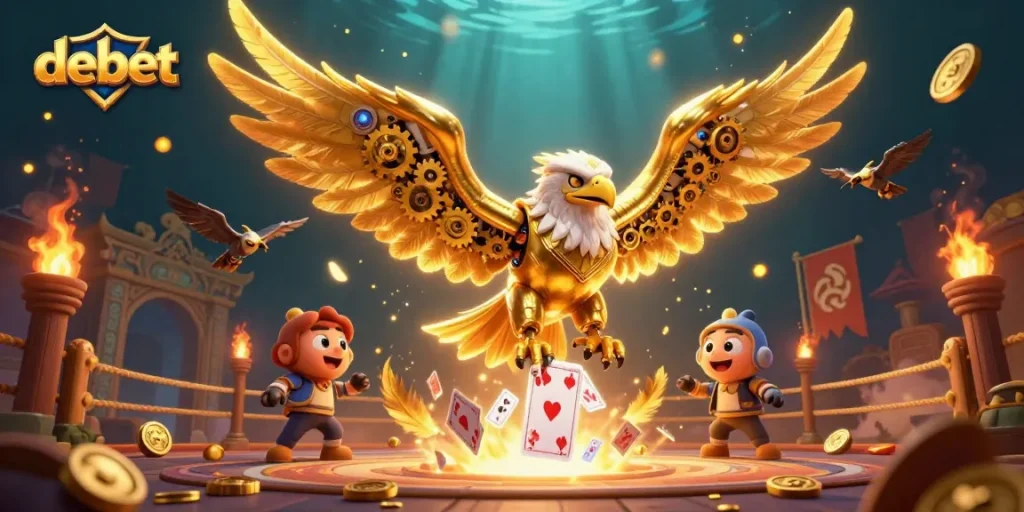 Engage with debet's exciting 3D cybernetic eagle diving through holographic cards and betting tokens.