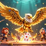 Engage with debet's exciting 3D cybernetic eagle diving through holographic cards and betting tokens.