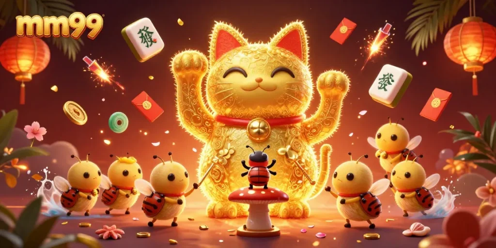 Experience mm99's exciting gaming world with a lucky cat and vibrant casino elements.