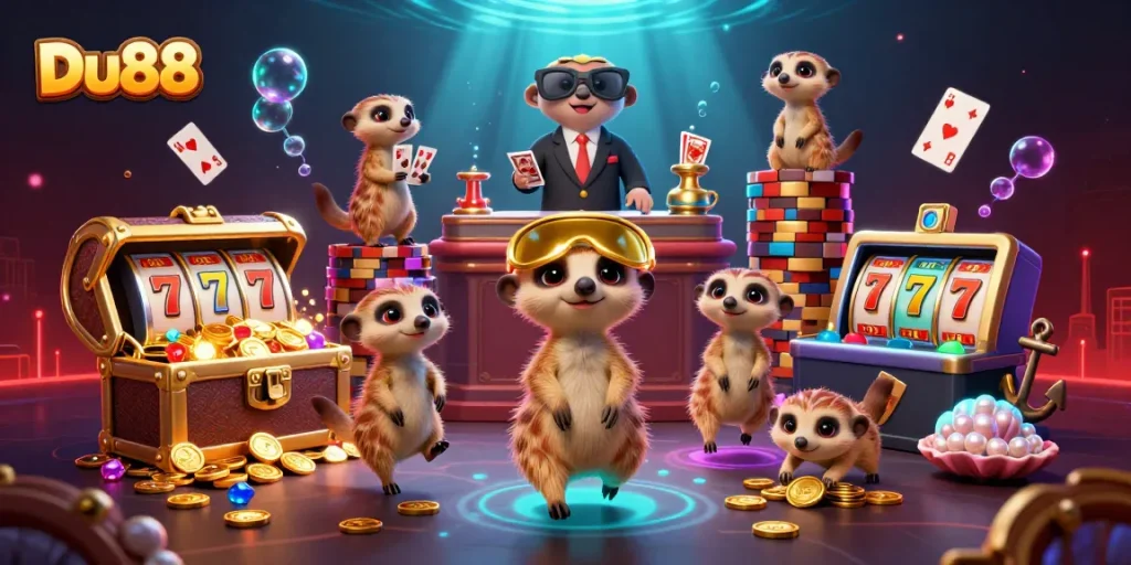 Engage with Du88: Exciting meerkats managing a dynamic casino scene filled with rich gaming elements.