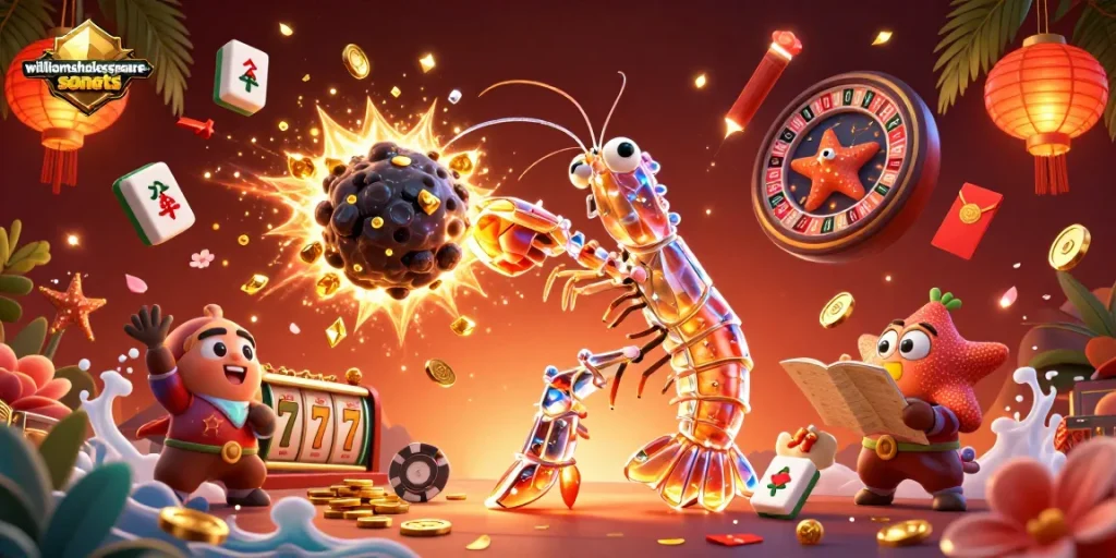 Experience the excitement of williamshakespeare-sonnets casino games with a vibrant illustration featuring samurai shrimp and golden coins.