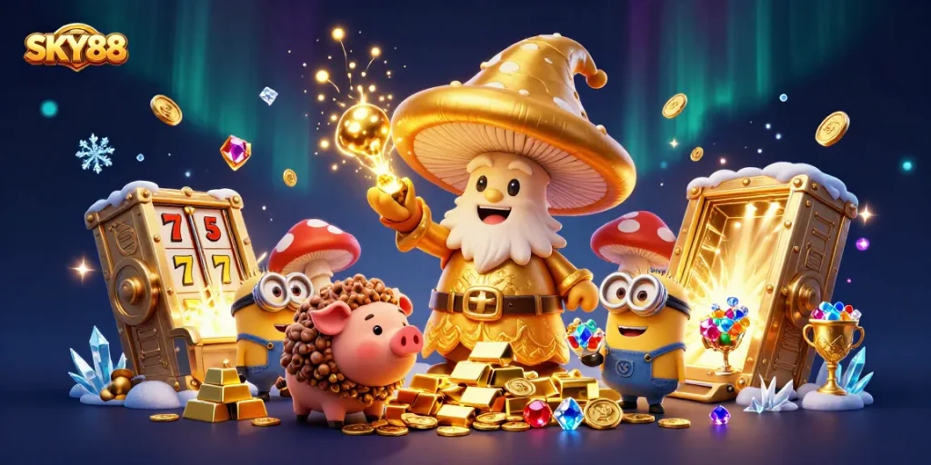 Engage in thrilling jackpot slots at SKY88 with a vibrant 3D fantasy scene full of gold and treasures.