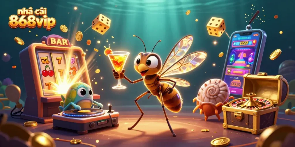 Engage with the thrilling nhà cái 868vip casino experience in this dynamic illustration showcasing vibrant gaming elements.