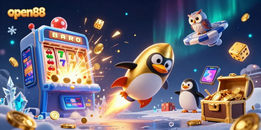 Experience the thrill of open88 with a golden penguin racing towards a jackpot-rich casino.