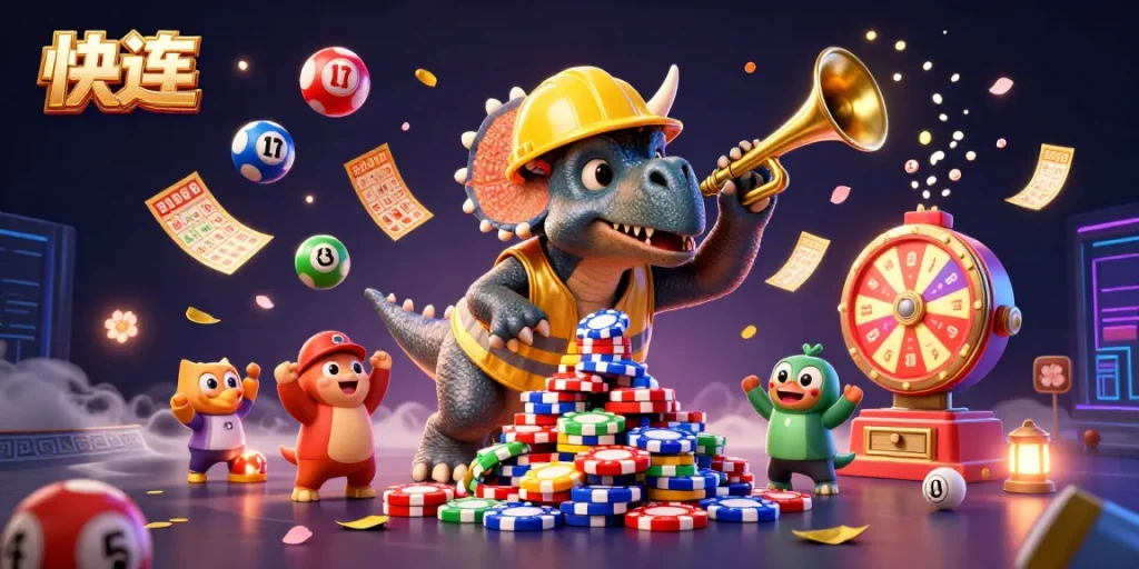 快连 optimizes your gaming experience with vibrant, dynamic lottery elements and cartoon characters celebrating wins.