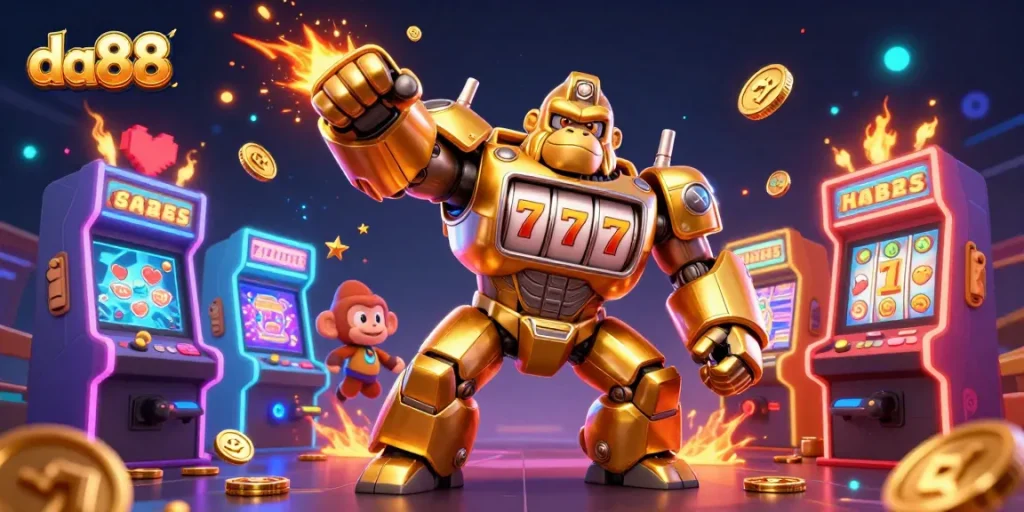 da88's golden gorilla mech showcases an exhilarating casino experience with spinning slots and vibrant game elements.
