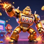 da88's golden gorilla mech showcases an exhilarating casino experience with spinning slots and vibrant game elements.