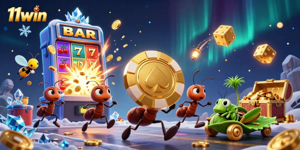Experience excitement at 11win with a 3D heist scene showcasing fun casino characters and jackpot winnings.