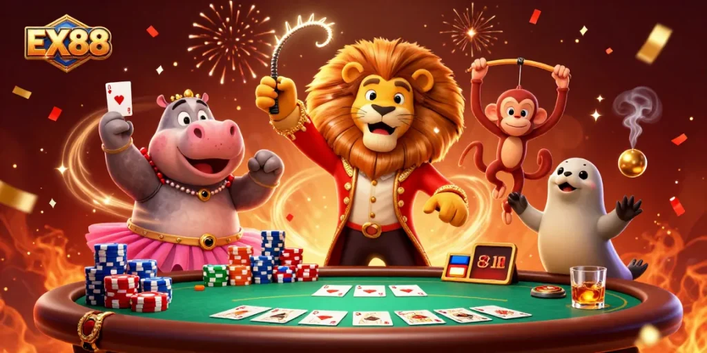 Experience the thrilling energy of EX88 with a vibrant 3D illustration of casino fun, featuring colorful game elements.