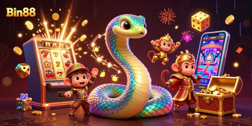 Experience the thrill of winning with Bin88's vibrant 3D casino illustration showcasing exciting game elements.
