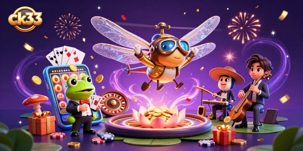 Play exciting slot games with ck33 at a vibrant casino scene featuring dynamic characters and elements.