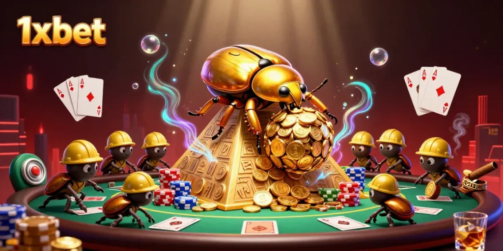 Experience the thrill of 1x bet as a golden beetle rolls coins in this vibrant casino scene.