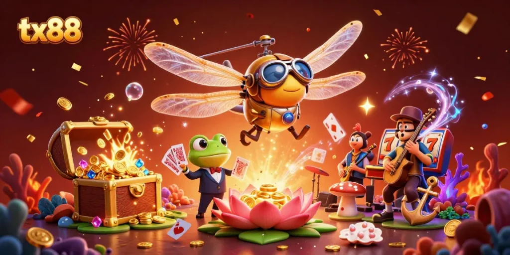 Engage with tx88 as vibrant casino action unfolds in a dynamic illustration featuring colorful characters.