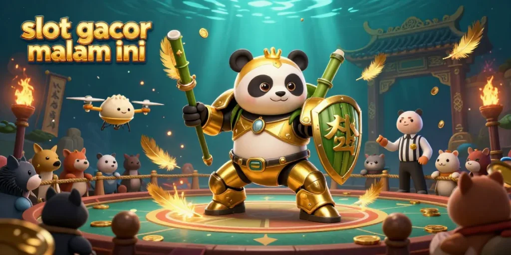 Experience the thrill of slot gacor malam ini with this vibrant scene featuring panda piloting a robot in a dynamic casino arena.