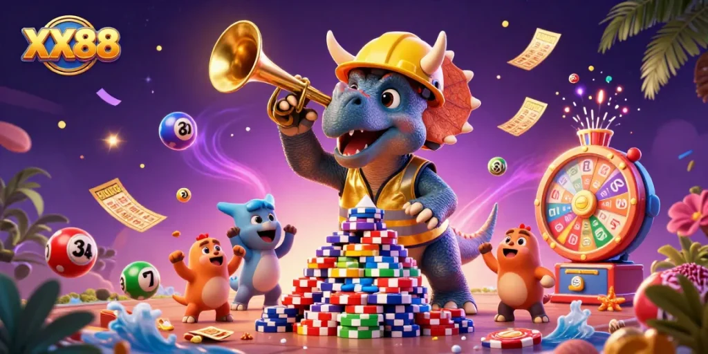 Xperience the excitement of XX88 with a vibrant 3D illustration showcasing dynamic lottery elements and playful characters.