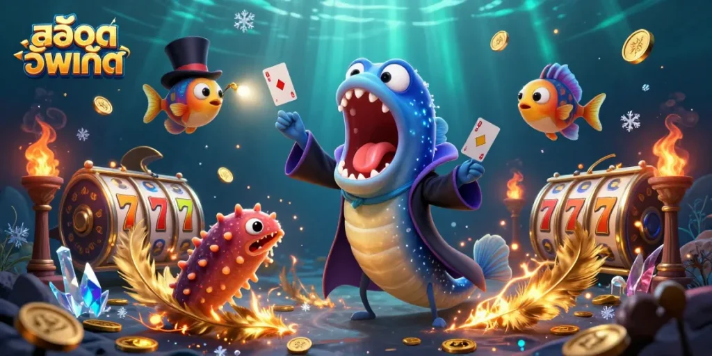 Engage in amazing gameplay at สล็อตอัพเดท with an electrifying underwater casino illustration showcasing unique characters and thrilling elements.