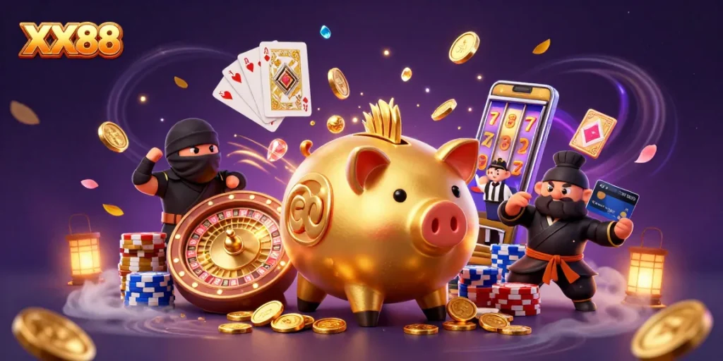 Join the excitement with XX88 as golden coins cascade from a sumo wrestler in an energetic casino scene.