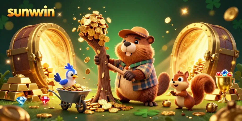 Experience thrill with sunwwin as a beaver wins gold coins in a vibrant casino setting.