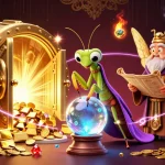 Spin to win with free credit bonuses, illustrated with vibrant casino elements and mystical characters.