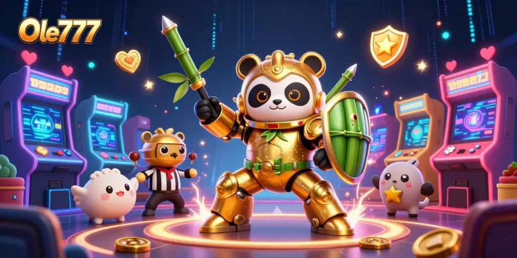 Experience thrilling action at Ole777 in a vibrant 3D scene featuring dynamic casino elements.